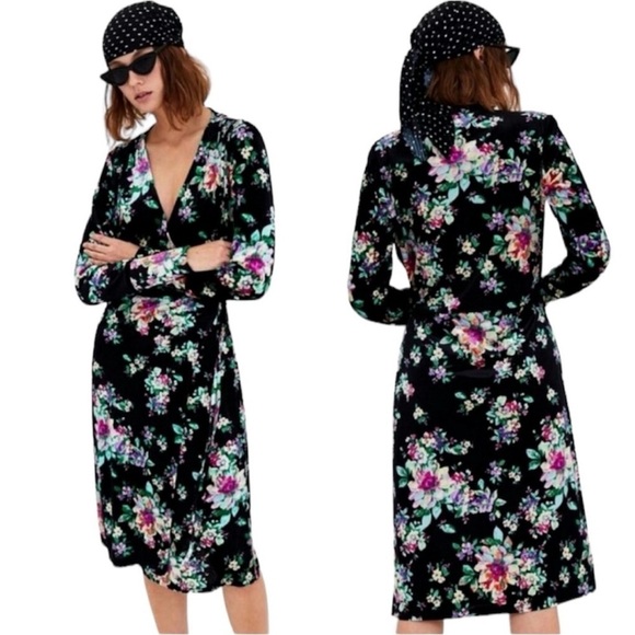 Zara Velvety Floral Black Wrap Dress NWOT - Picture 1 of 14